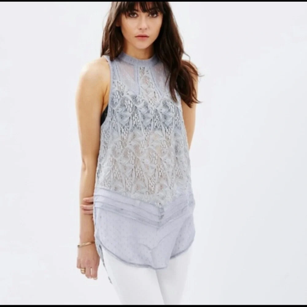 Free People Maisie Lace sheer gray mesh high neck sleeveless tunic top size XS